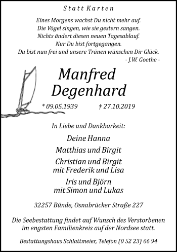 Traueranzeige von Manfred Degenhard von Neue Westfälische