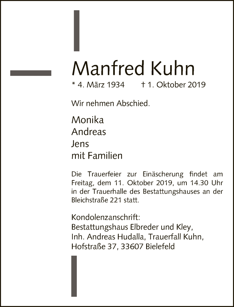  Traueranzeige für Manfred Kuhn vom 09.10.2019 aus Neue Westfälische