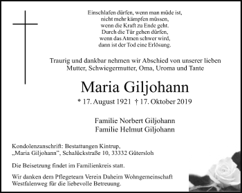 Traueranzeige von Maria Giljohann von Neue Westfälische
