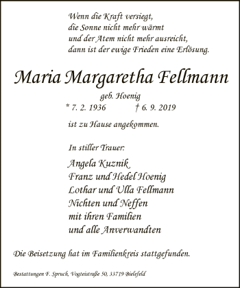 Traueranzeige von Maria Margaretha Fellmann von Neue Westfälische