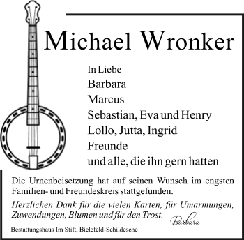 Traueranzeige von Michael Wronker von Neue Westfälische