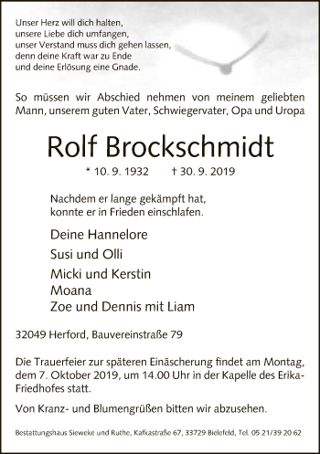 Traueranzeige von Rolf Brockschmidt von Neue Westfälische