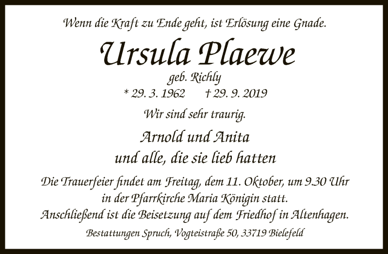  Traueranzeige für Ursula Plaewe vom 05.10.2019 aus Neue Westfälische