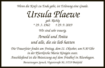 Traueranzeige von Ursula Plaewe von Neue Westfälische