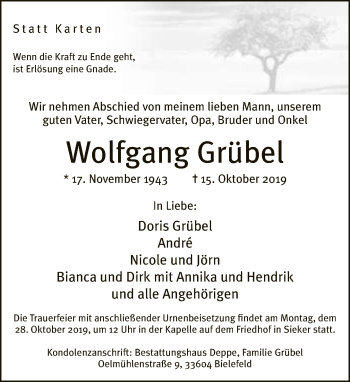 Traueranzeige von Wolfgang Grübet von Neue Westfälische
