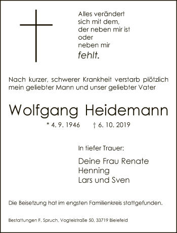 Traueranzeige von Wolfgang Heidemann von Neue Westfälische