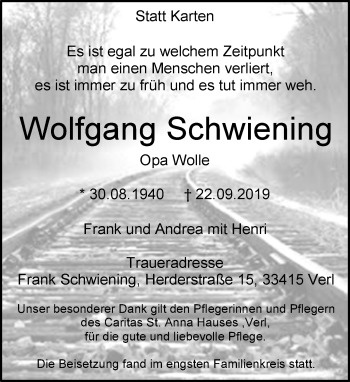 Traueranzeige von Wolfgang Schwiening von Neue Westfälische