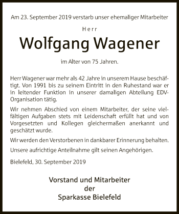 Traueranzeige von Wolfgang Wagener von Neue Westfälische