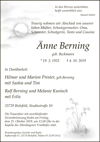 Traueranzeige von Änne Berning von Neue Westfälische