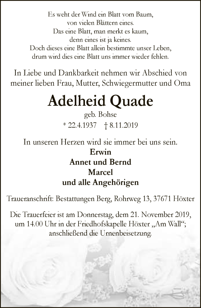  Traueranzeige für Adelheid Quade vom 16.11.2019 aus Neue Westfälische