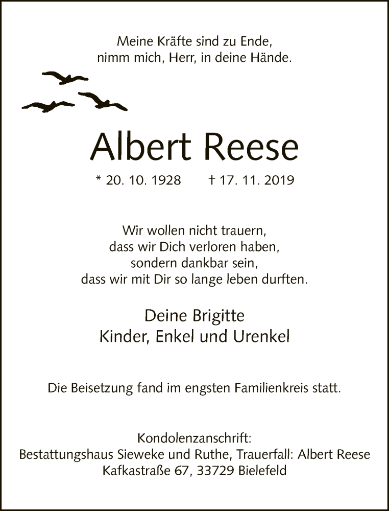  Traueranzeige für Albert Reese vom 30.11.2019 aus Neue Westfälische