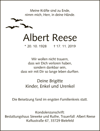 Traueranzeige von Albert Reese von Neue Westfälische