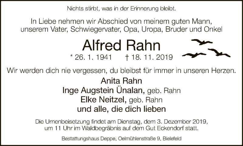  Traueranzeige für Alfred Rahn vom 27.11.2019 aus Neue Westfälische
