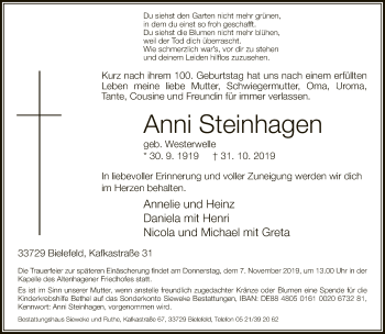 Traueranzeige von Anni Steinhagen von Neue Westfälische