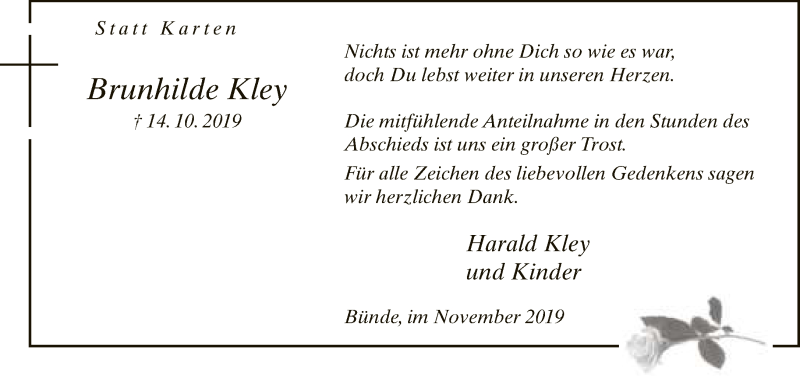  Traueranzeige für Brunhilde Kley vom 23.11.2019 aus Neue Westfälische