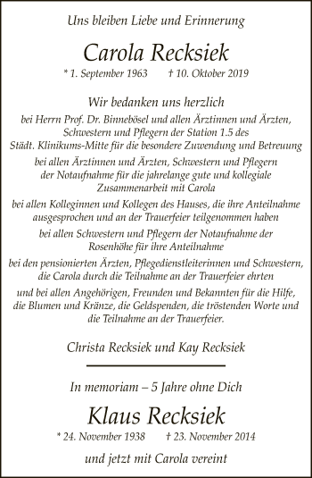 Traueranzeige von Carola Recksiek von Neue Westfälische