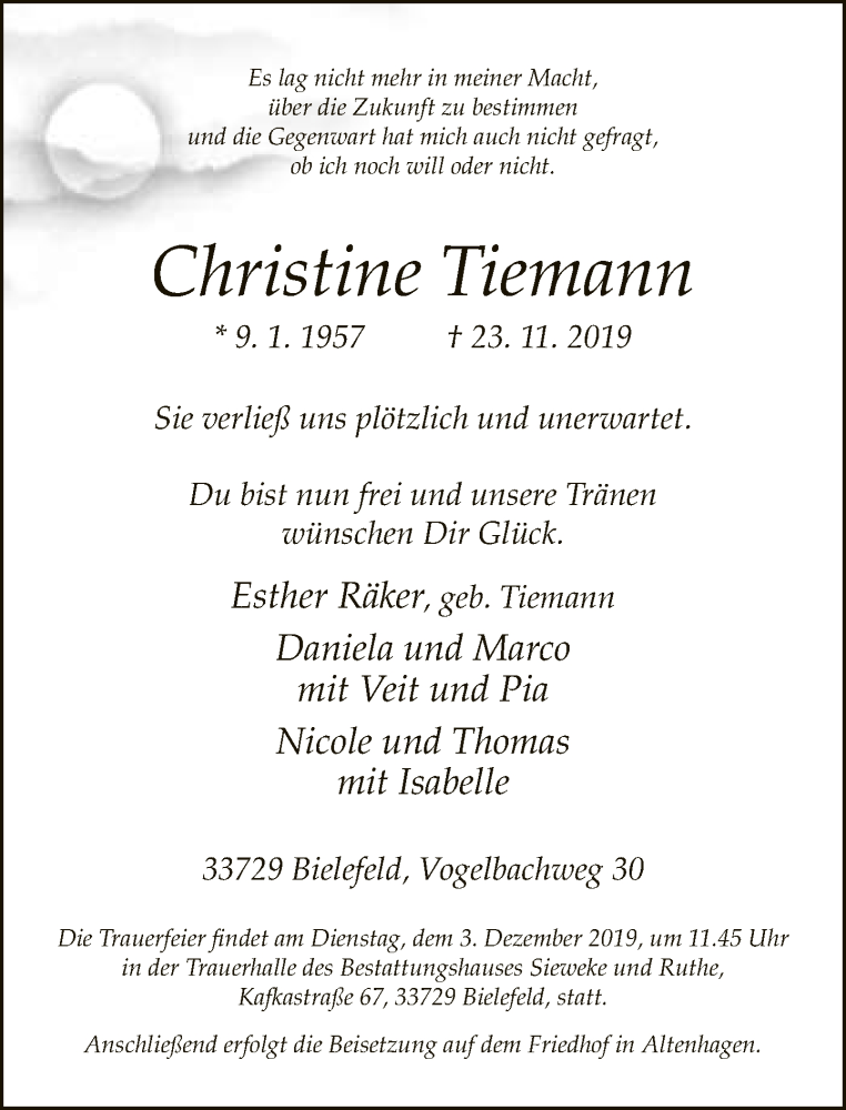  Traueranzeige für Christine Tiemann vom 30.11.2019 aus Neue Westfälische