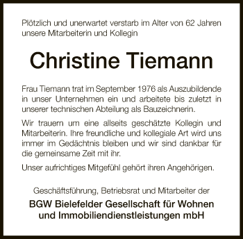 Traueranzeige von Christine Tiemann von Neue Westfälische