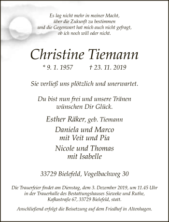 Traueranzeige von Christine Tiemann von Neue Westfälische