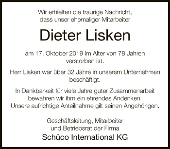 Traueranzeige von Dieter Lisken von Neue Westfälische