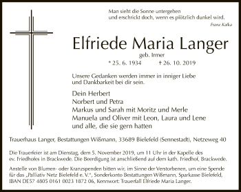 Traueranzeige von Elfriede Maria Langer von Neue Westfälische