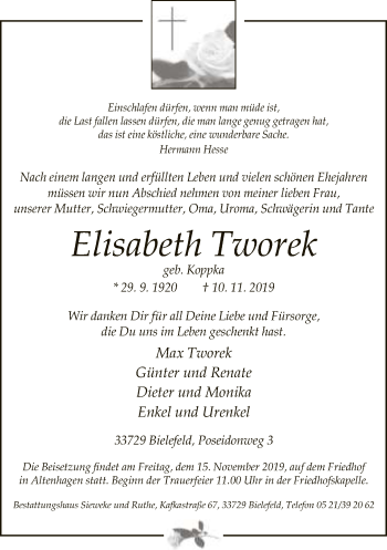 Traueranzeige von Elisabeth Tworek von Neue Westfälische