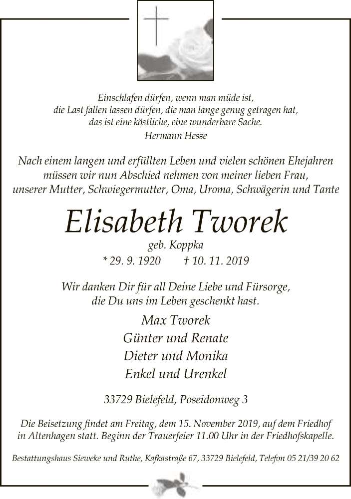  Traueranzeige für Elisabeth Tworek vom 12.11.2019 aus Neue Westfälische