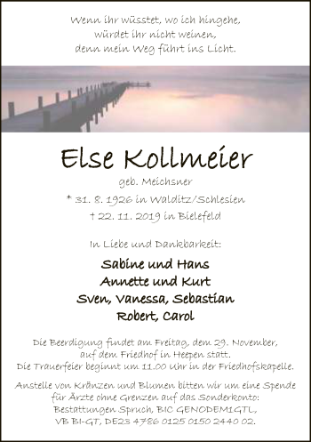 Traueranzeige von Else Kollmeier von Neue Westfälische