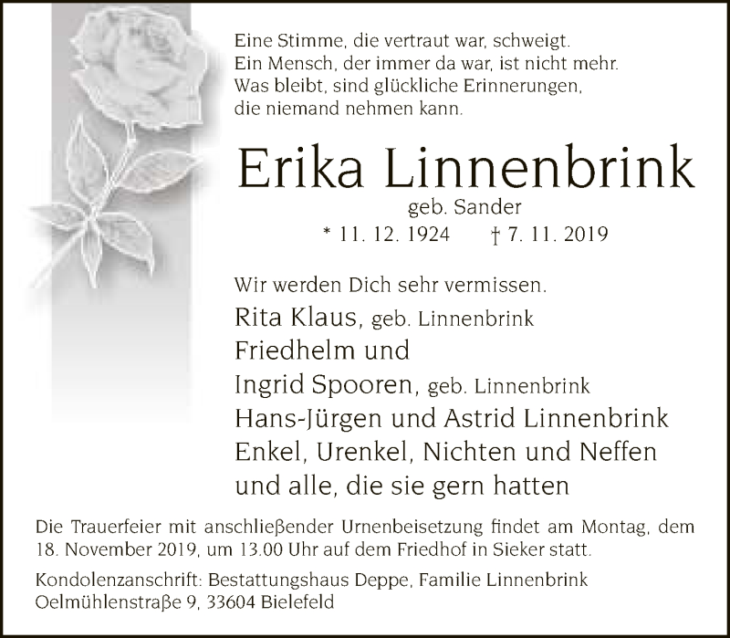  Traueranzeige für Erika Linnenbrink vom 09.11.2019 aus Neue Westfälische