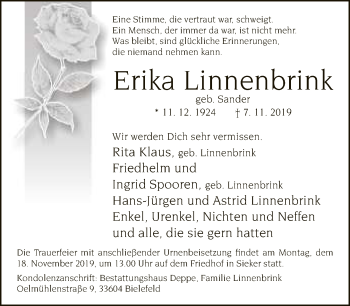 Traueranzeige von Erika Linnenbrink von Neue Westfälische