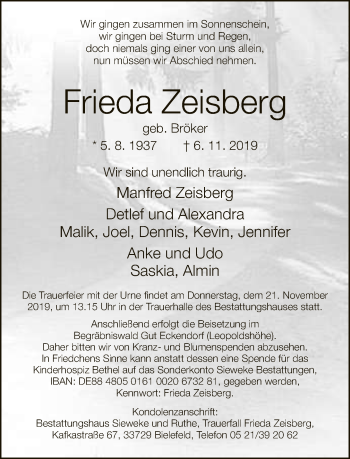 Traueranzeige von Frieda Zeisberg von Neue Westfälische
