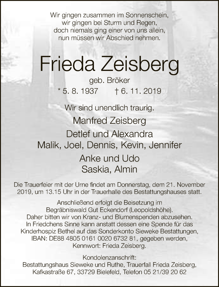  Traueranzeige für Frieda Zeisberg vom 16.11.2019 aus Neue Westfälische