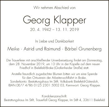Traueranzeige von Georg Klapper von Neue Westfälische