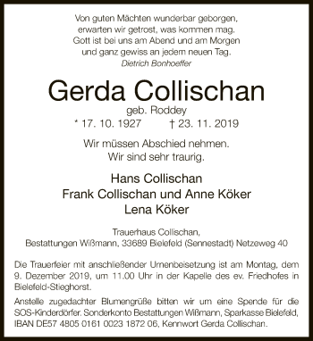 Traueranzeige von Gerda Collischan von Neue Westfälische