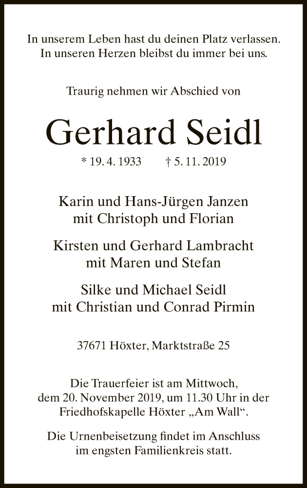 Traueranzeige für Gerhard Seidl vom 15.11.2019 aus Neue Westfälische