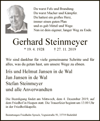 Traueranzeige von Gerhard Steinmeyer von Neue Westfälische