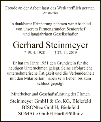 Traueranzeige von Gerhard Steinmeyer von Neue Westfälische