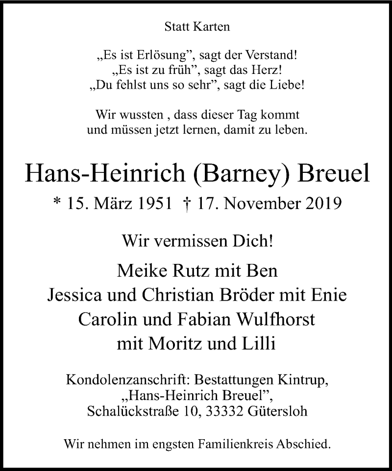  Traueranzeige für Hans-Heinrich Barney Breuel vom 20.11.2019 aus Neue Westfälische