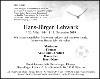Traueranzeige von Hans-Jürgen Lehwark von Neue Westfälische