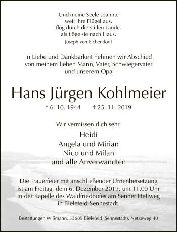 Traueranzeige von Hans Jürgen Kohlmeier von Neue Westfälische