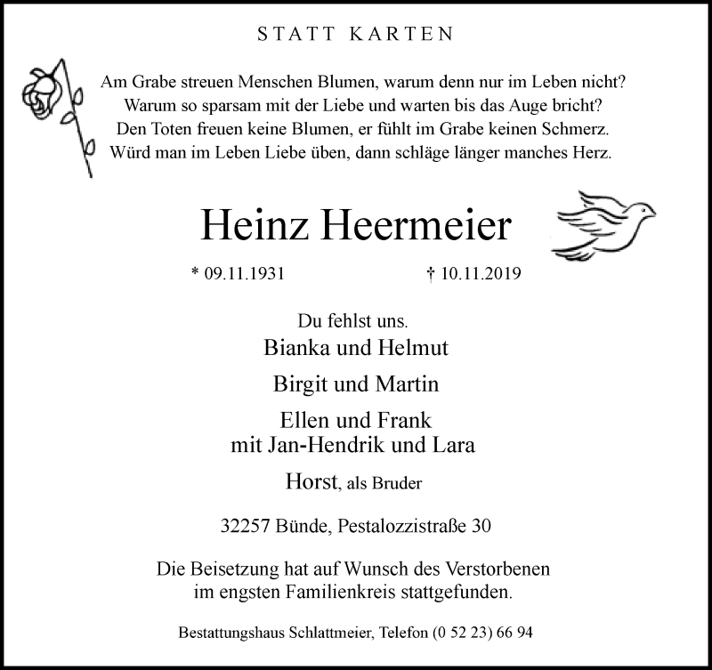  Traueranzeige für Heinz Heermeier vom 30.11.2019 aus Neue Westfälische