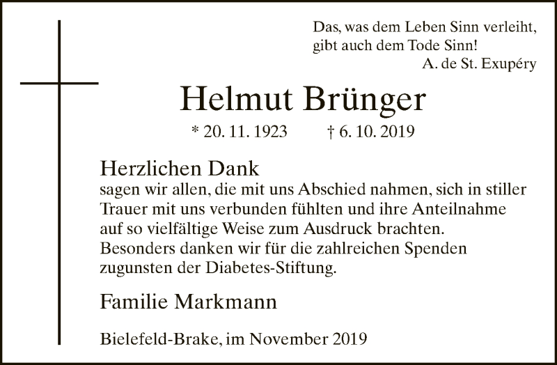  Traueranzeige für Helmut Brünger vom 23.11.2019 aus Neue Westfälische