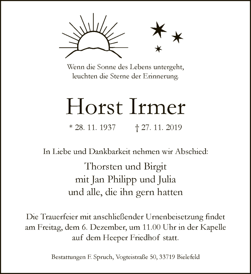  Traueranzeige für Horst Irmer vom 30.11.2019 aus Neue Westfälische