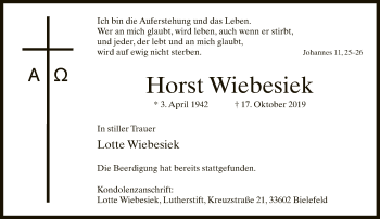 Traueranzeige von Horst Wiebesiek von Neue Westfälische