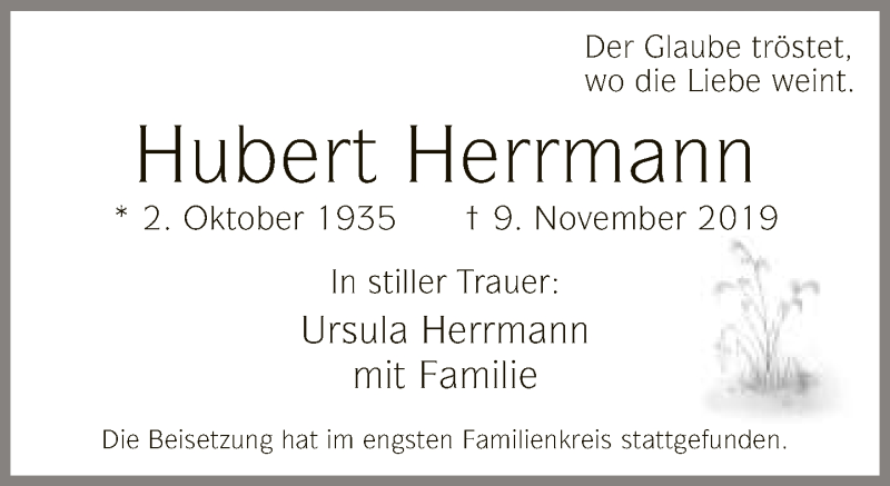  Traueranzeige für Hubert Herrmann vom 19.11.2019 aus Neue Westfälische