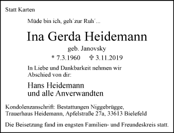 Traueranzeige von Ina Gerda Heidemann von Neue Westfälische