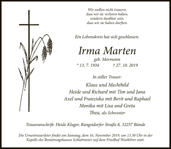 Traueranzeige von Irma Marten von Neue Westfälische