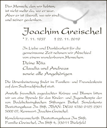 Traueranzeige von Joachim Greischel von Neue Westfälische