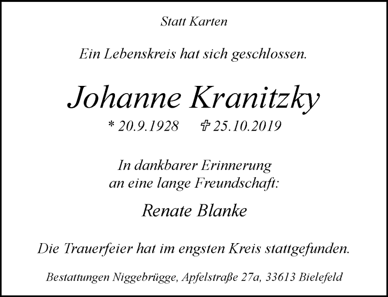  Traueranzeige für Johanne Kranitzky vom 06.11.2019 aus Neue Westfälische