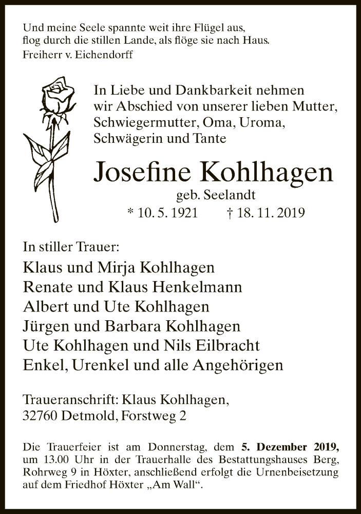  Traueranzeige für Josefine Kohlhagen vom 23.11.2019 aus Neue Westfälische